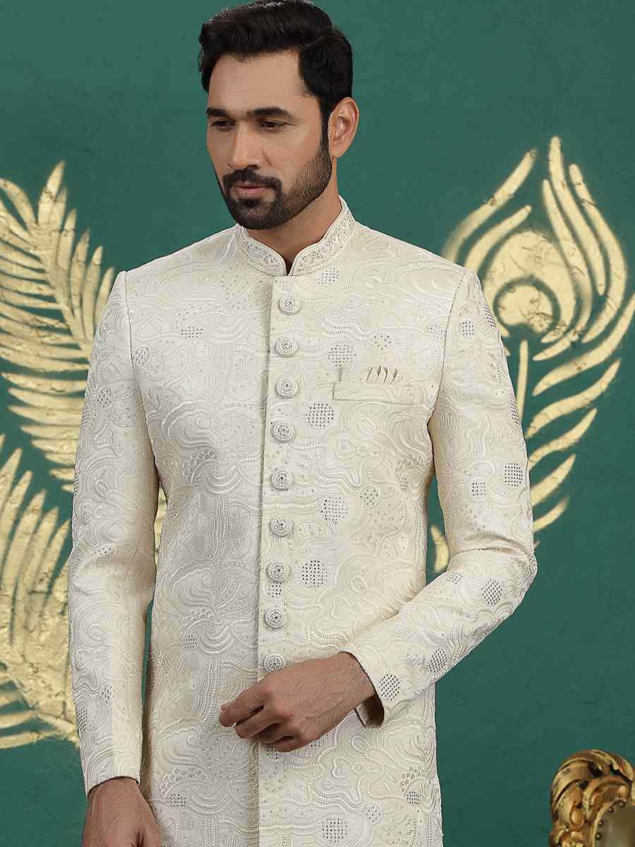 Cream Art Silk Embroidered Festival Wedding Mens Sherwani
