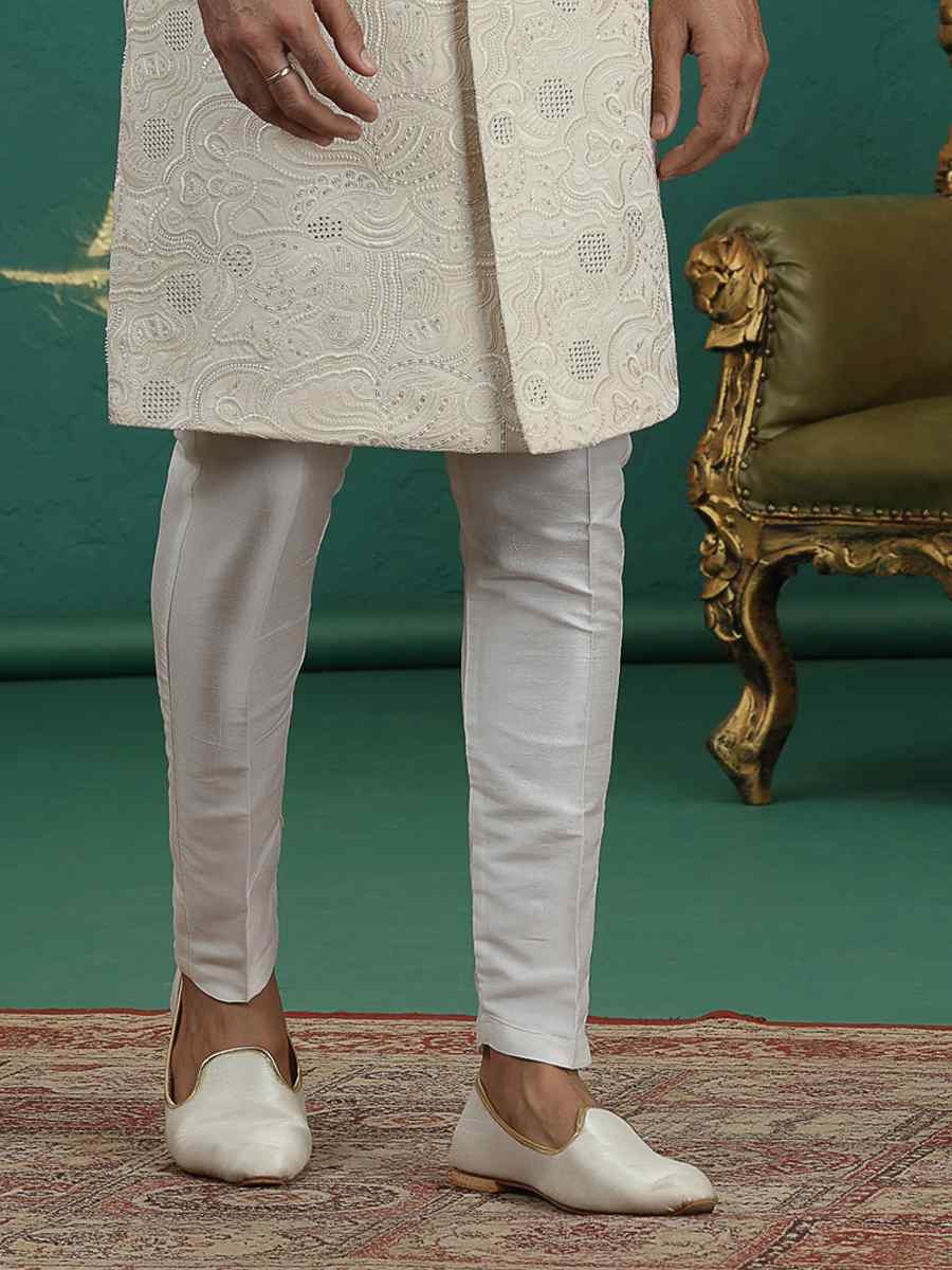 Cream Art Silk Embroidered Festival Wedding Mens Sherwani