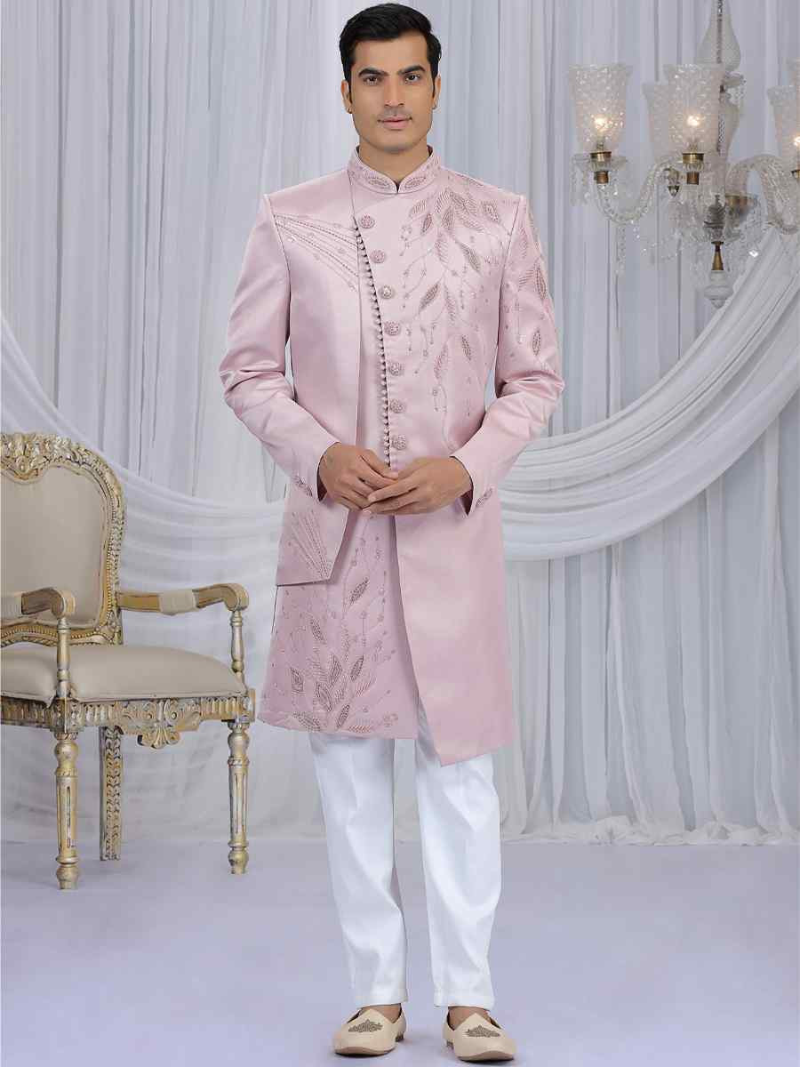 Cream Art Silk Embroidered Festival Wedding Mens Sherwani