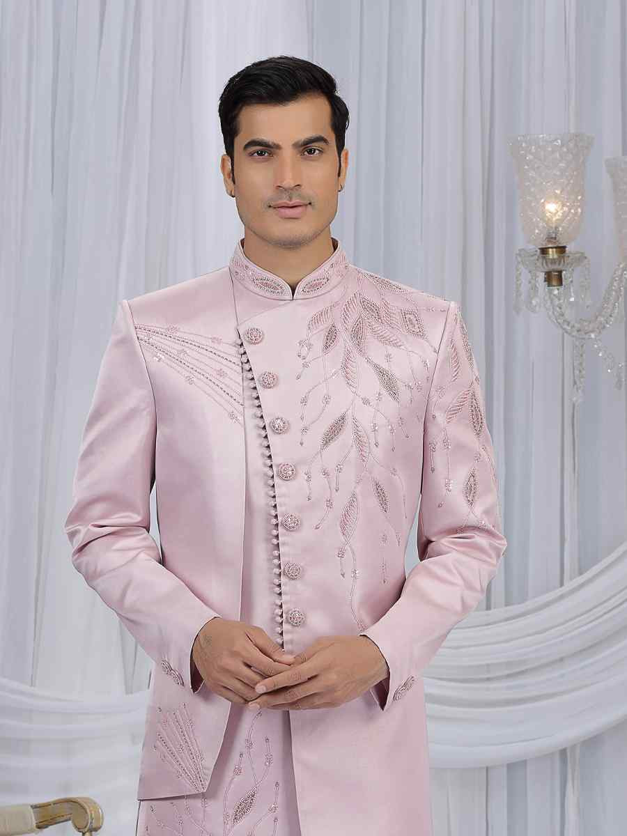 Cream Art Silk Embroidered Festival Wedding Mens Sherwani