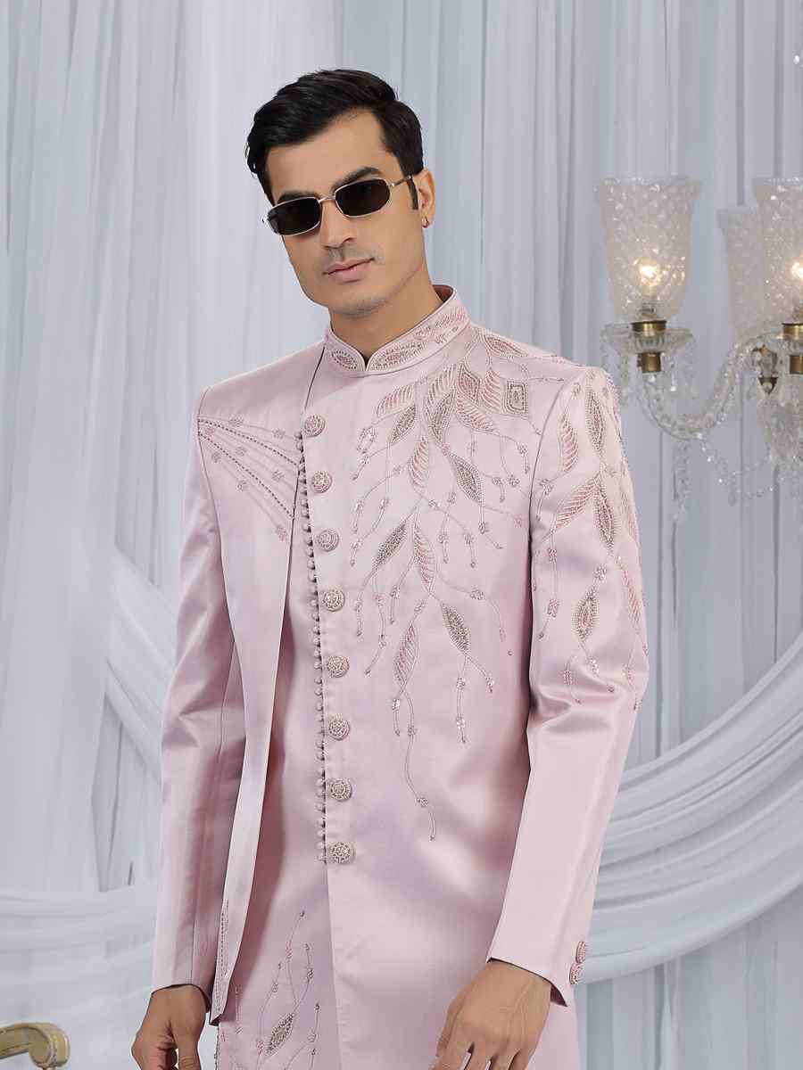 Cream Art Silk Embroidered Festival Wedding Mens Sherwani