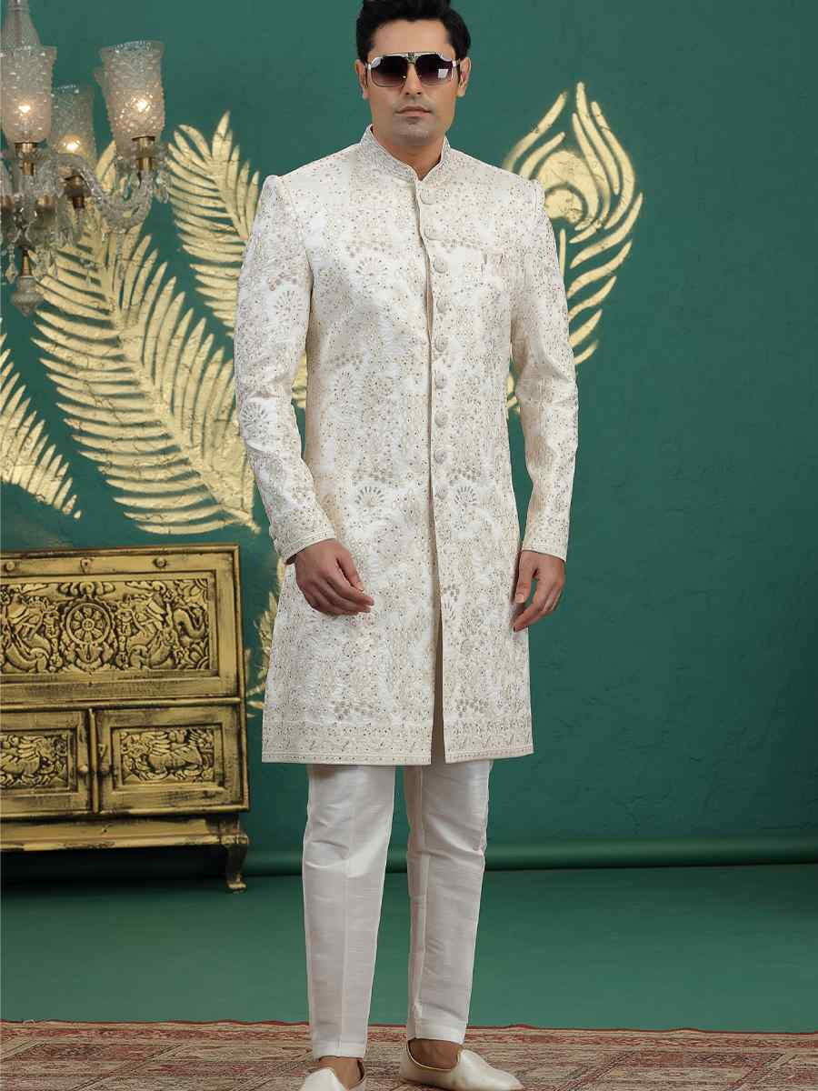 Cream Art Silk Embroidered Festival Wedding Mens Sherwani