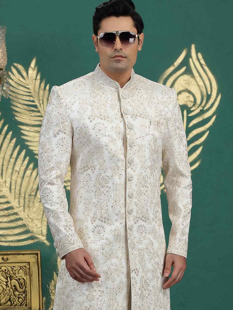 Cream Art Silk Embroidered Festival Wedding Mens Sherwani