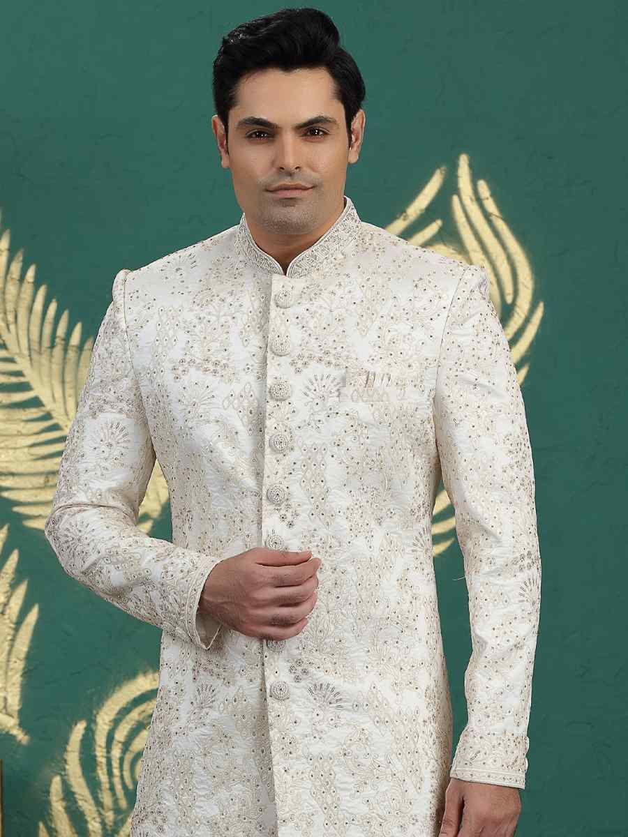 Cream Art Silk Embroidered Festival Wedding Mens Sherwani