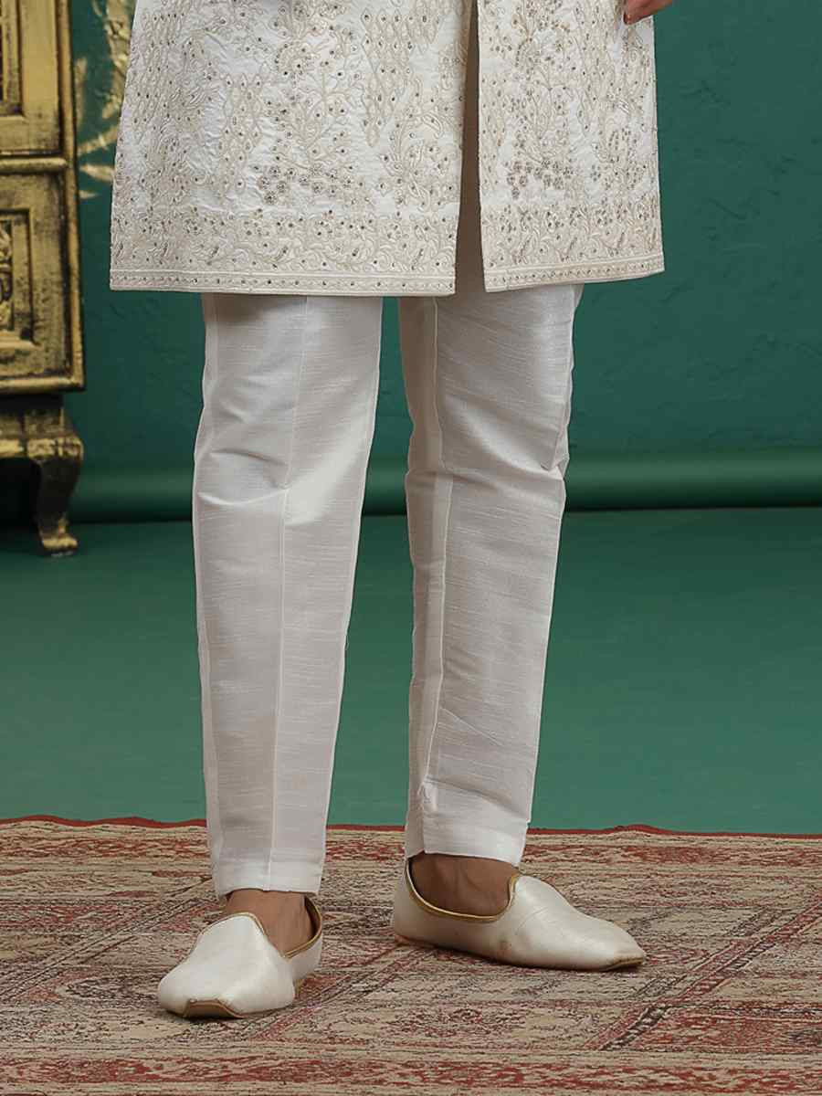 Cream Art Silk Embroidered Festival Wedding Mens Sherwani