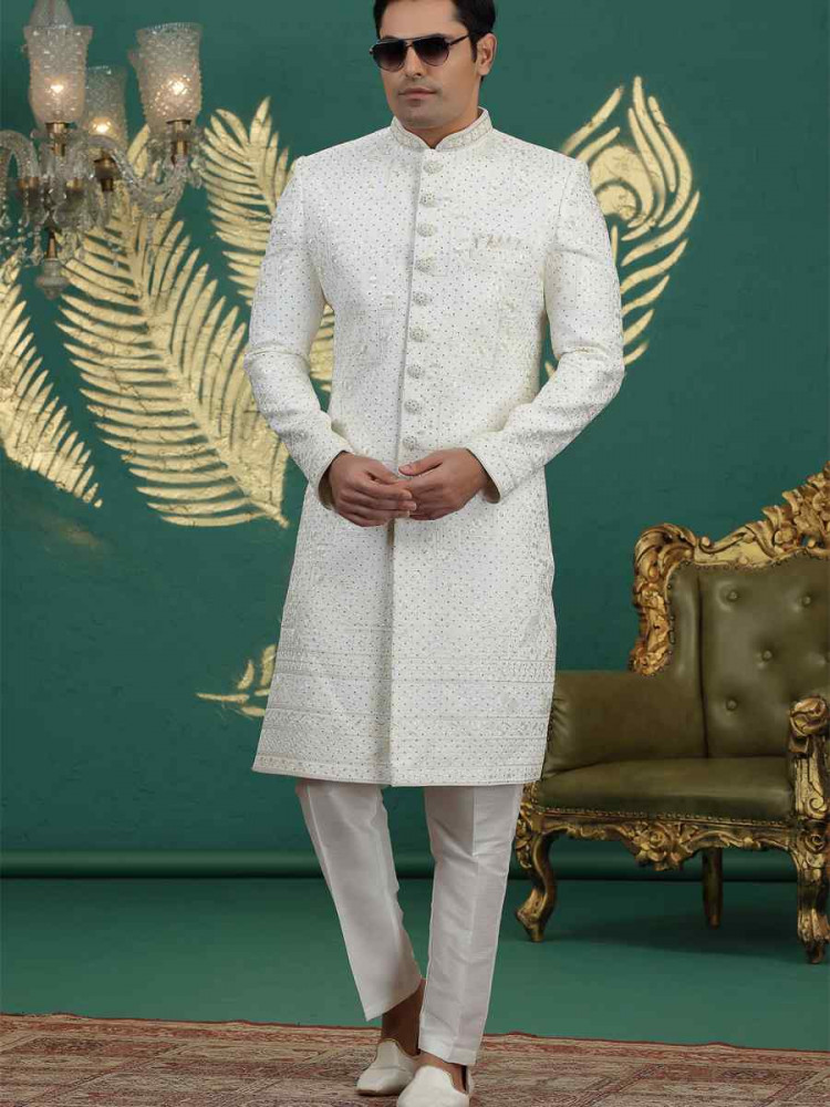 Image of Cream Art Silk Embroidered Festival Wedding Mens Sherwani