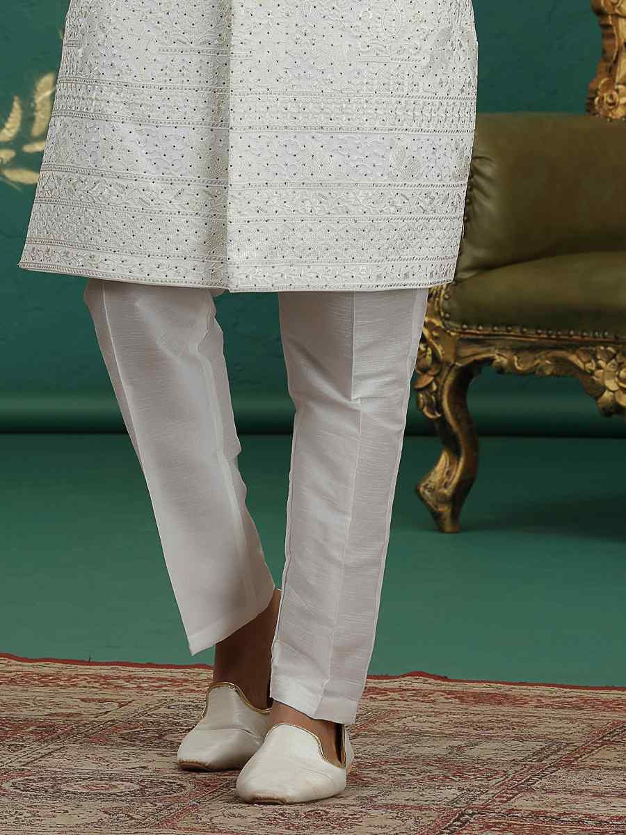 Cream Art Silk Embroidered Festival Wedding Mens Sherwani