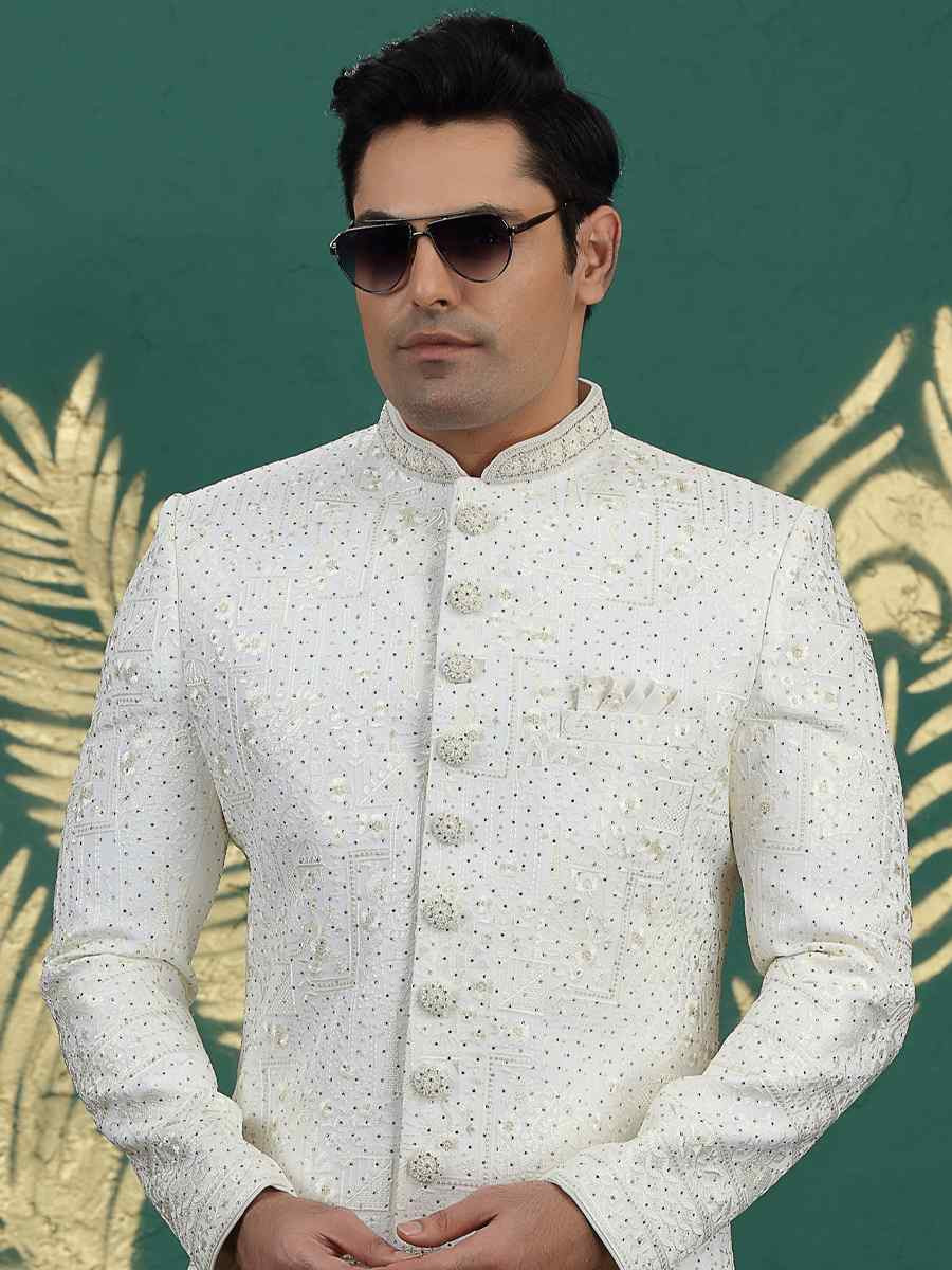 Cream Art Silk Embroidered Festival Wedding Mens Sherwani