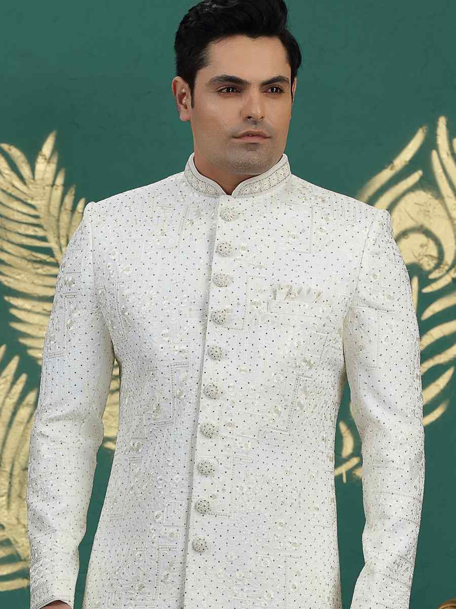 Cream Art Silk Embroidered Festival Wedding Mens Sherwani
