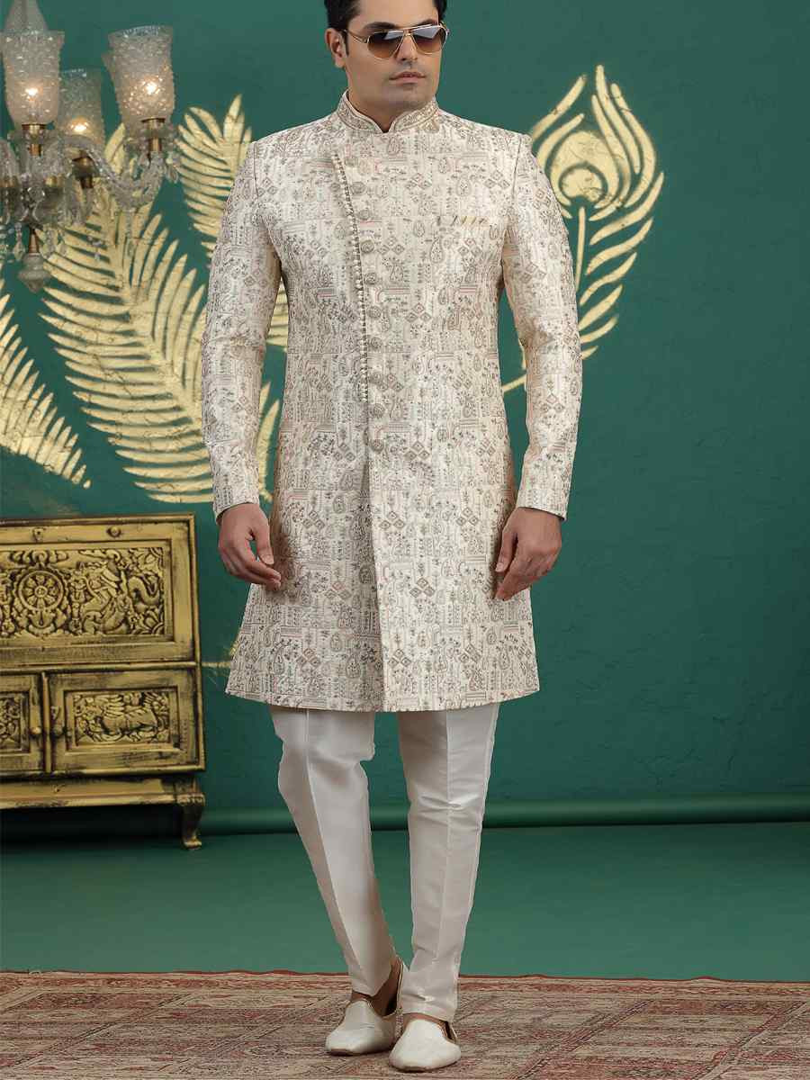Cream Art Silk Embroidered Festival Wedding Mens Sherwani