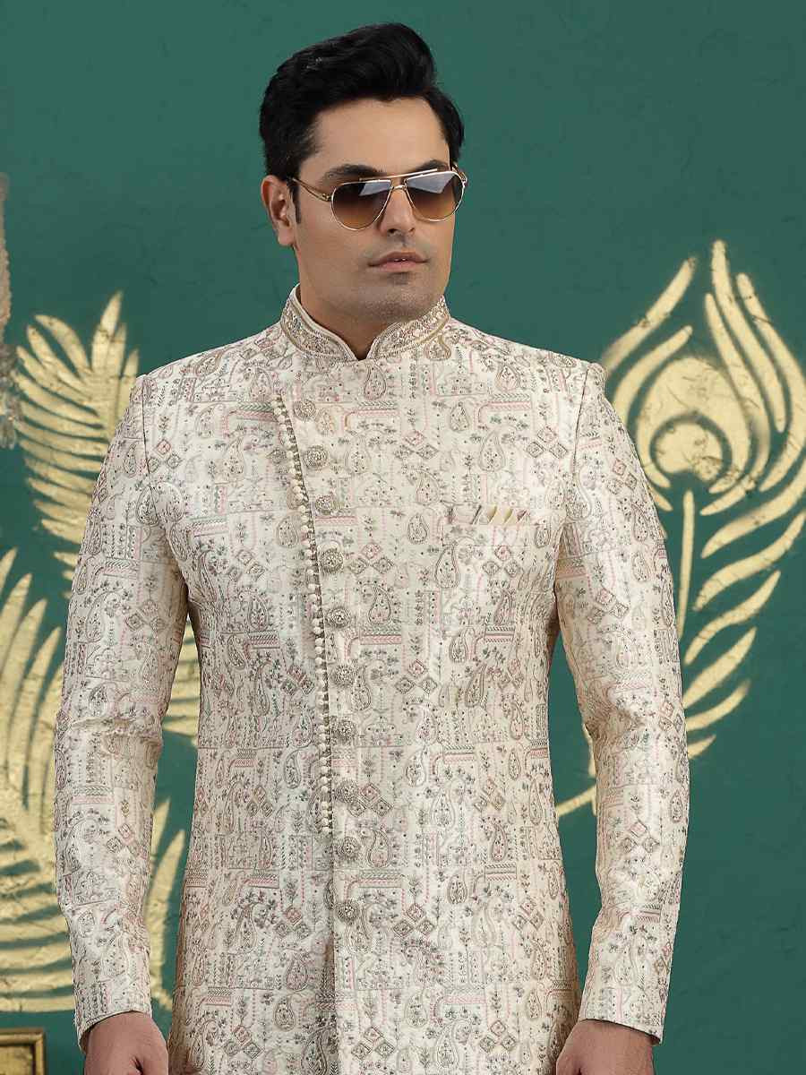 Cream Art Silk Embroidered Festival Wedding Mens Sherwani