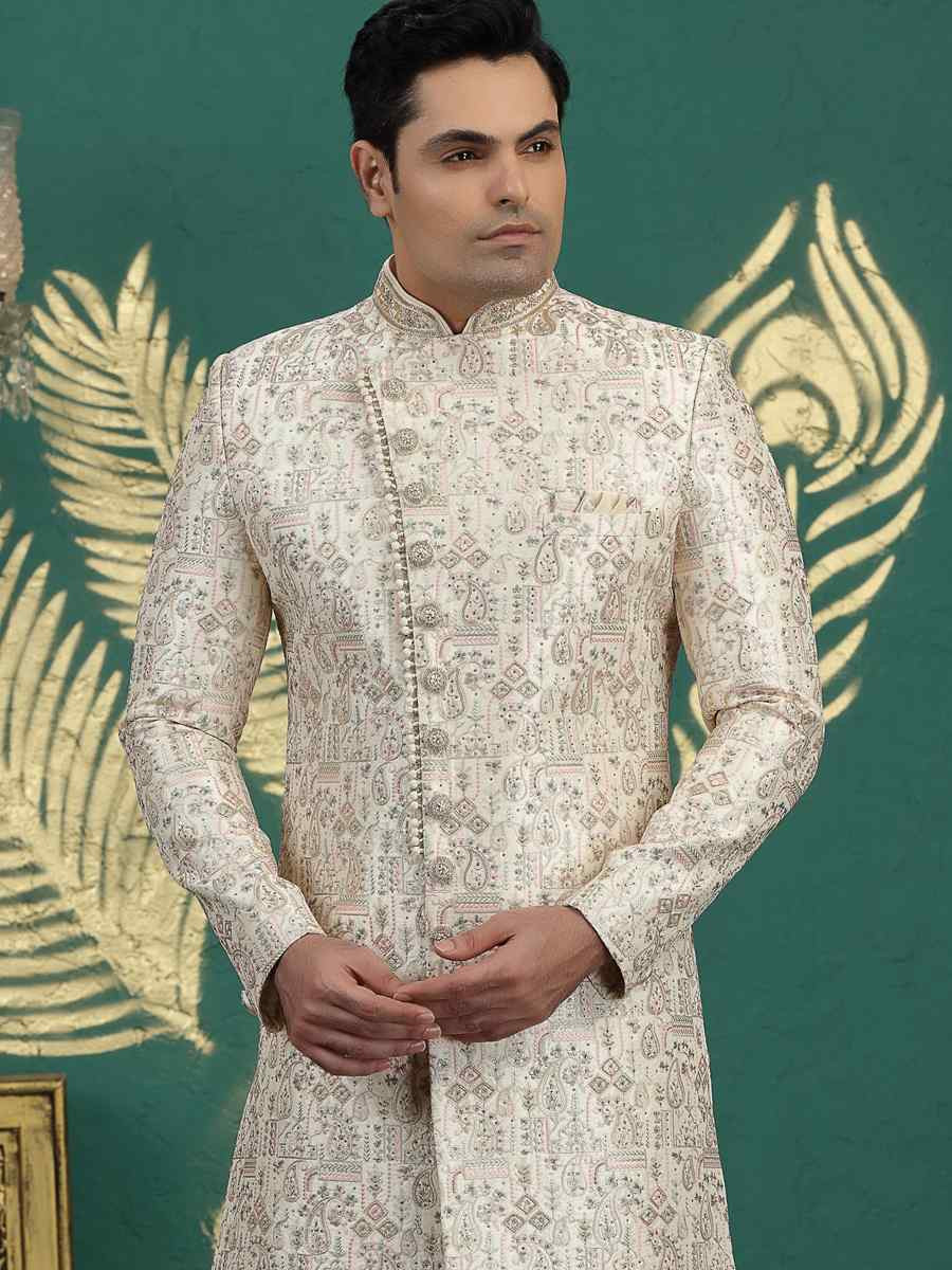 Cream Art Silk Embroidered Festival Wedding Mens Sherwani