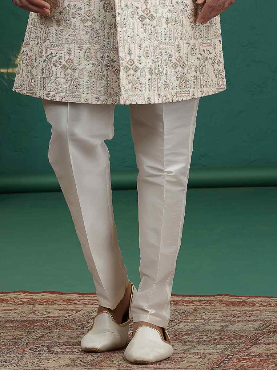 Cream Art Silk Embroidered Festival Wedding Mens Sherwani