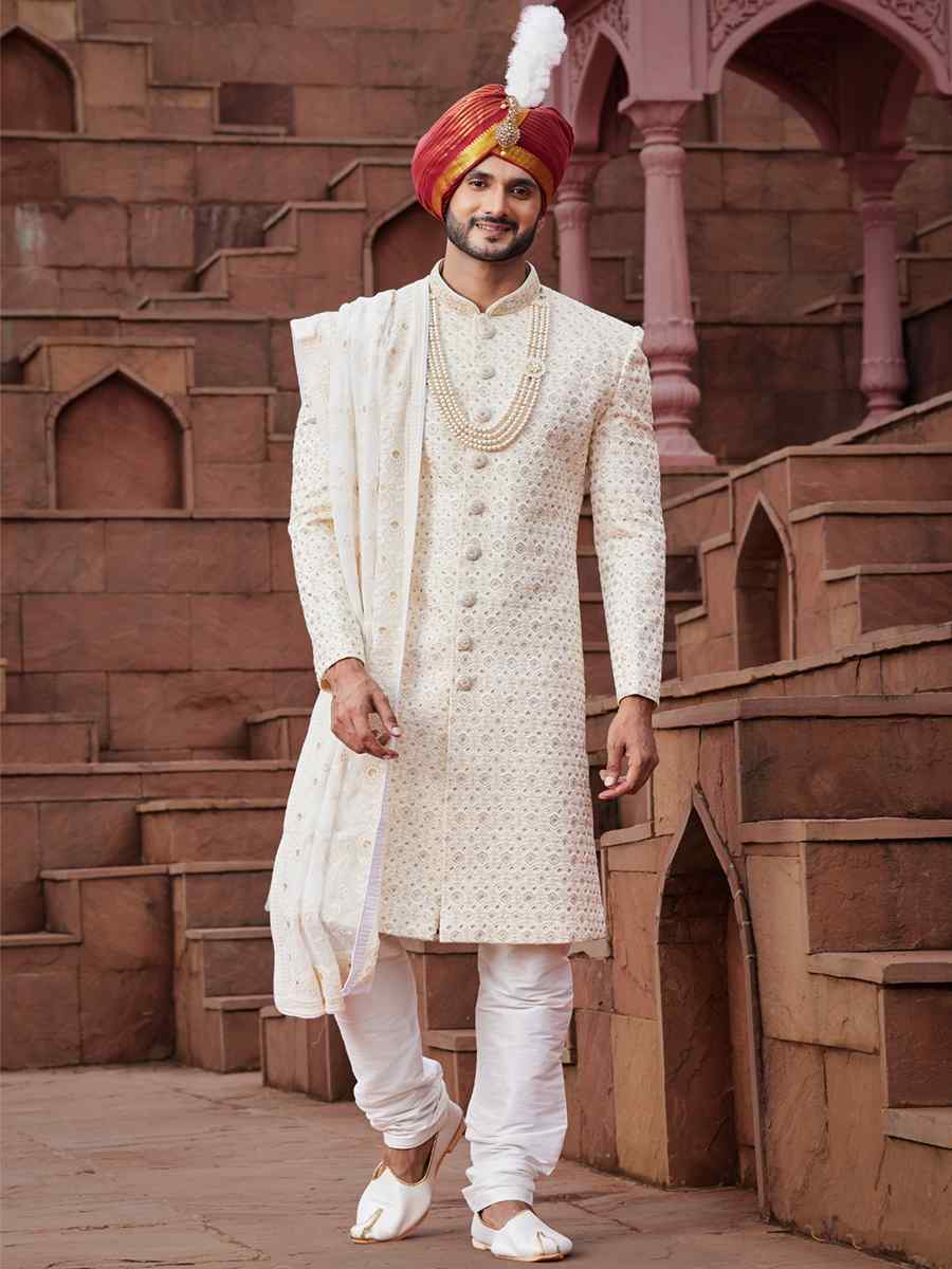 Cream Art Silk Embroidered Groom Wedding Sherwani
