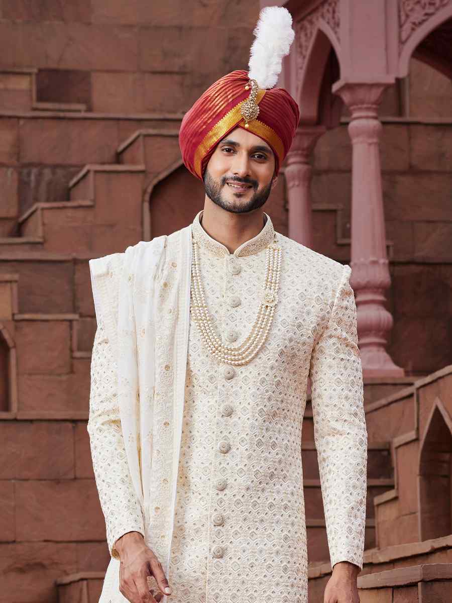 Cream Art Silk Embroidered Groom Wedding Sherwani