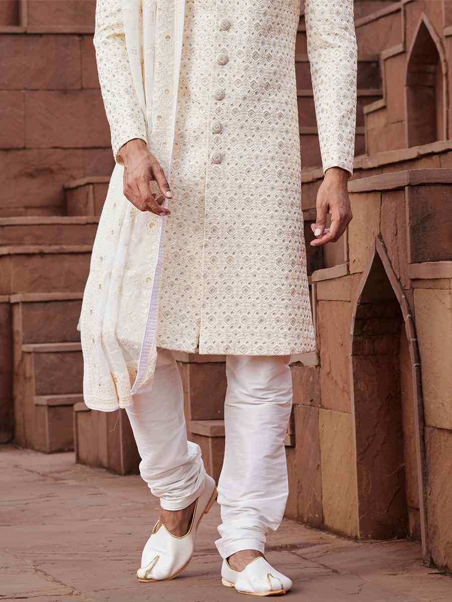 Cream Art Silk Embroidered Groom Wedding Sherwani