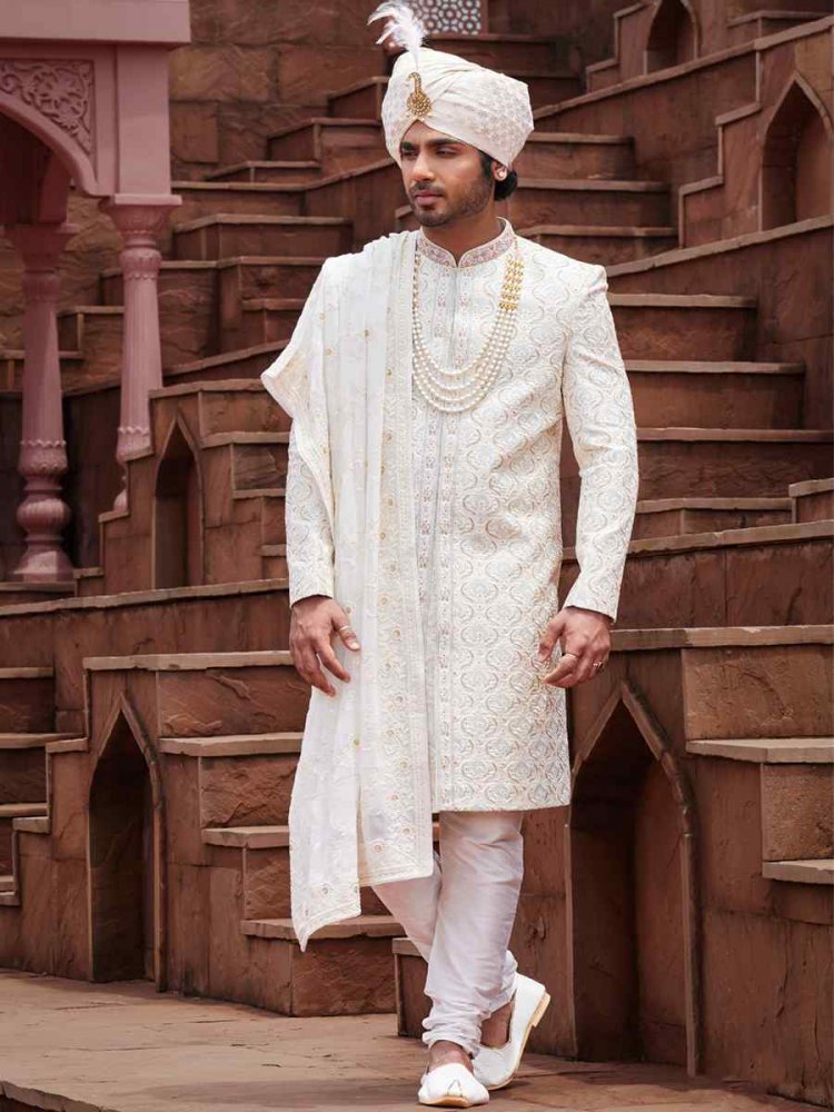 Cream Art Silk Embroidered Groom Wedding Sherwani