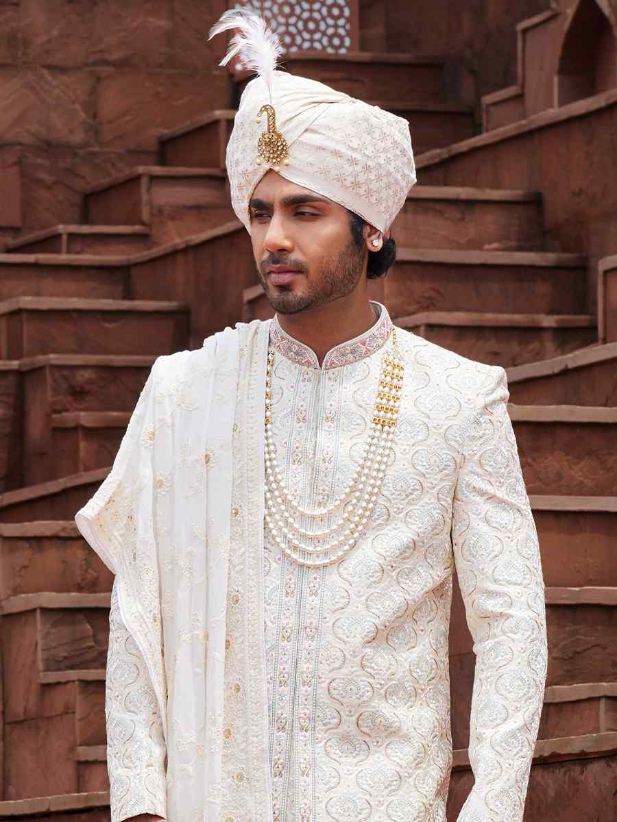 Cream Art Silk Embroidered Groom Wedding Sherwani