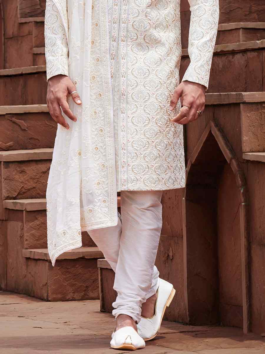 Cream Art Silk Embroidered Groom Wedding Sherwani