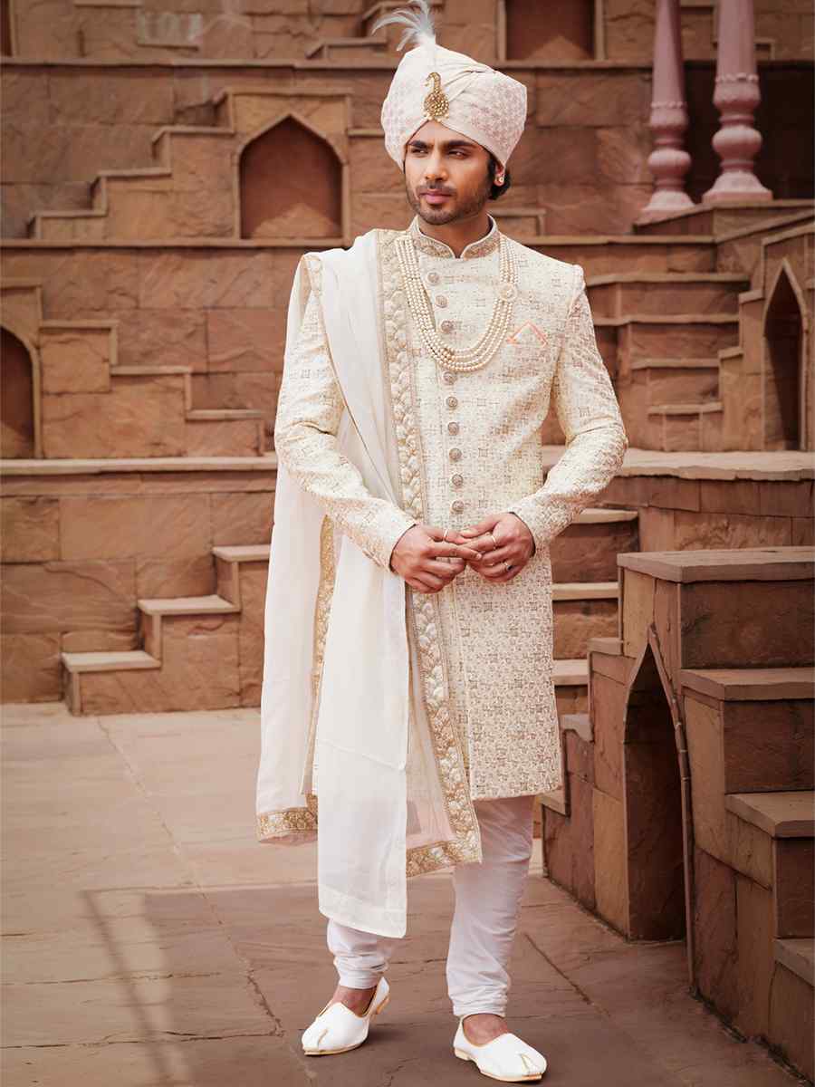 Cream Art Silk Embroidered Groom Wedding Sherwani