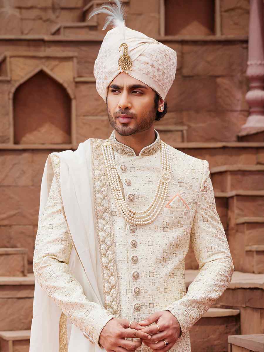 Cream Art Silk Embroidered Groom Wedding Sherwani