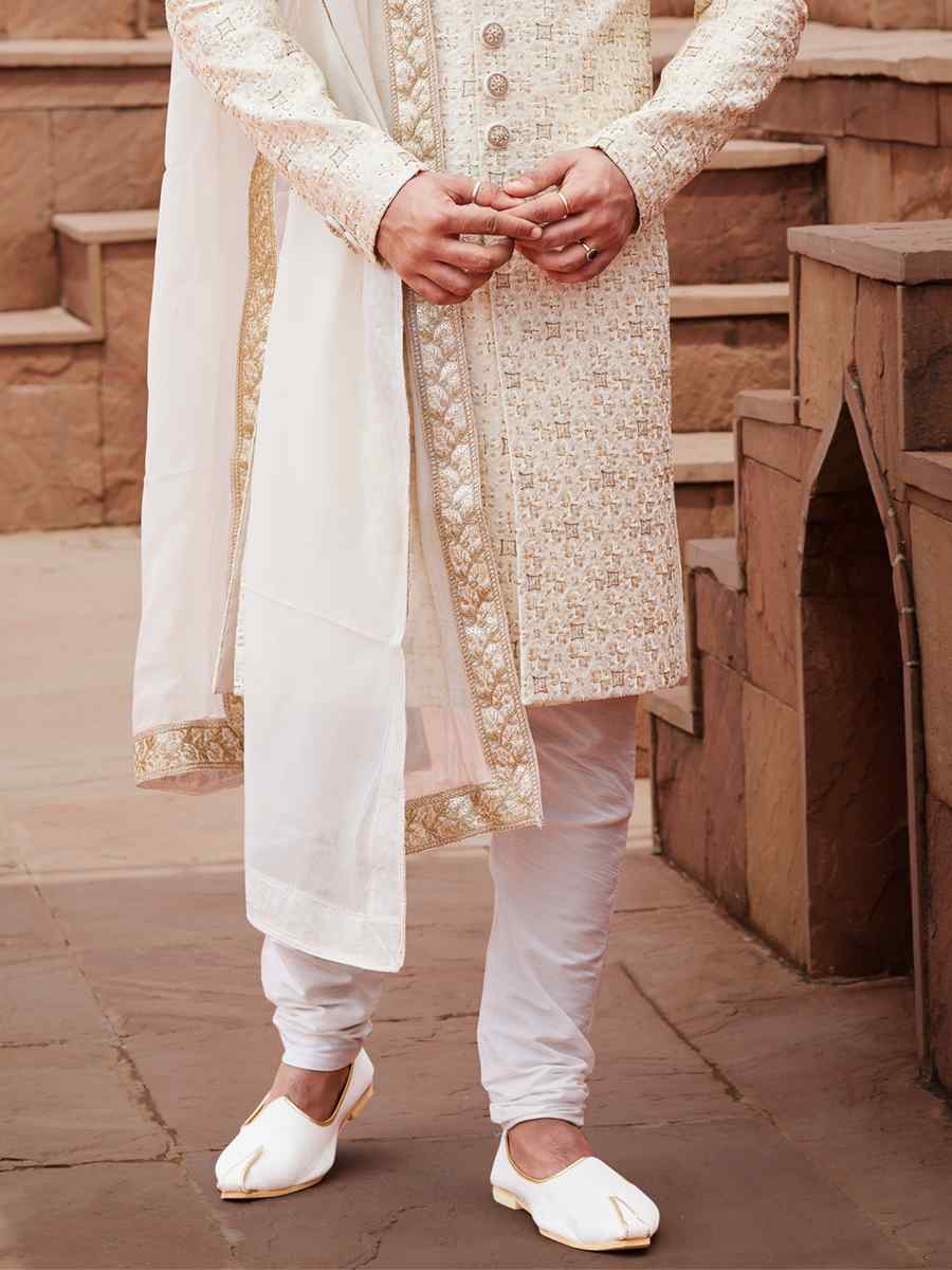 Cream Art Silk Embroidered Groom Wedding Sherwani