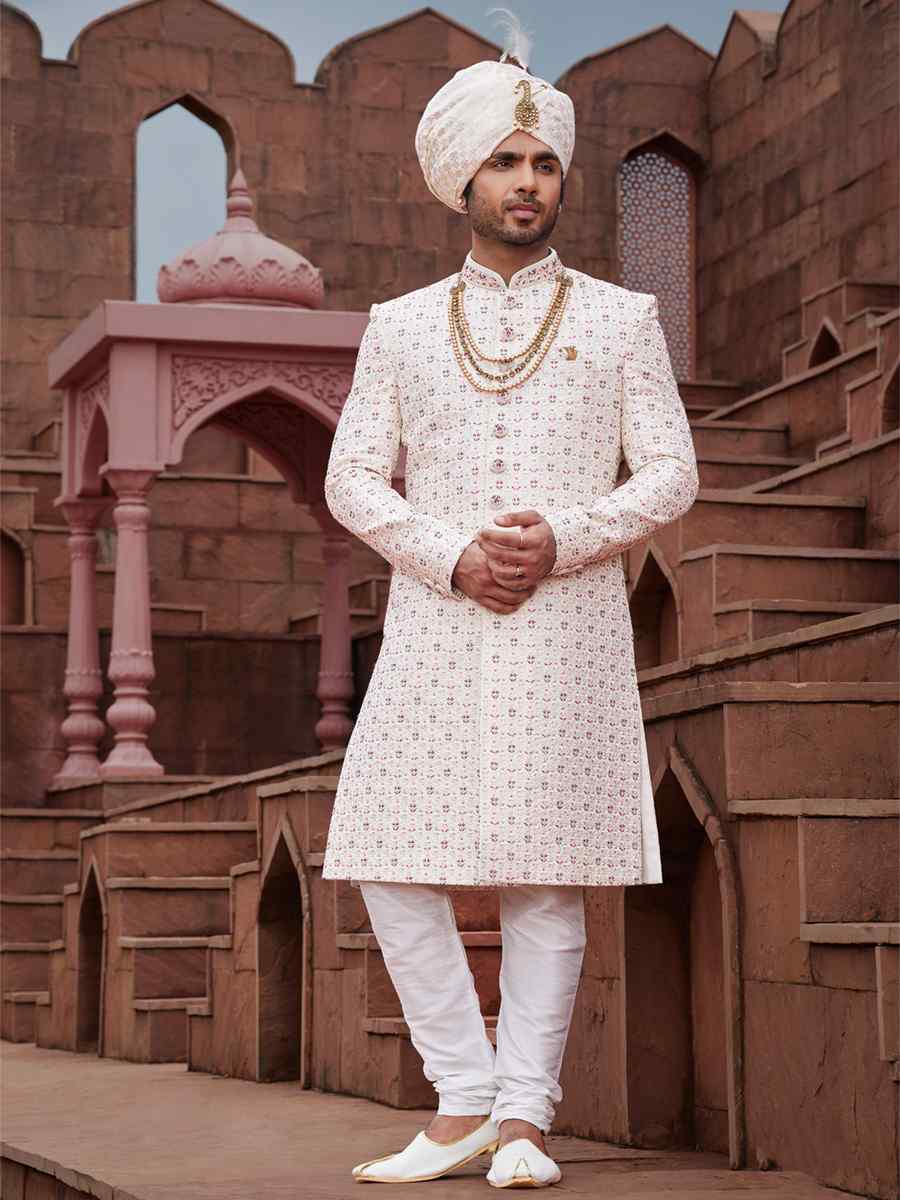 Cream Art Silk Embroidered Groom Wedding Sherwani