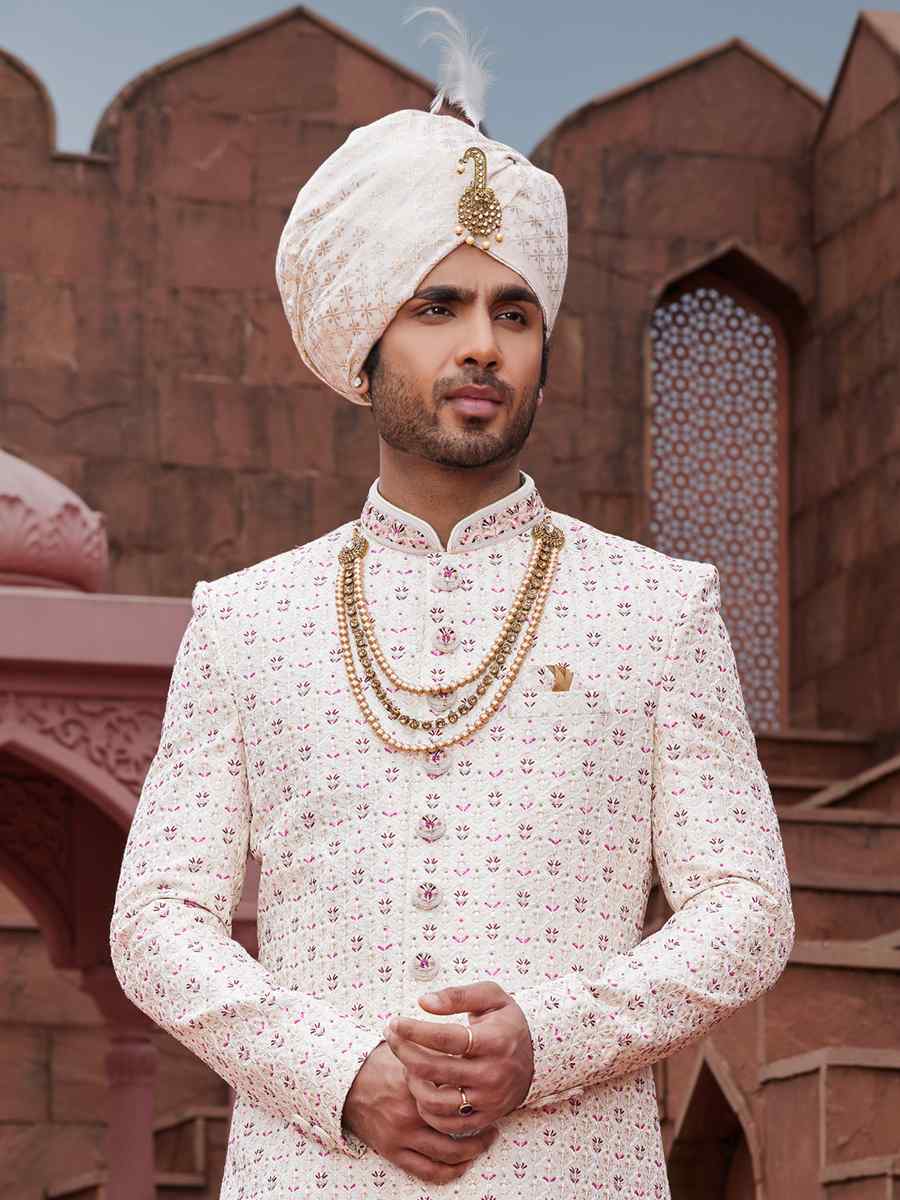 Cream Art Silk Embroidered Groom Wedding Sherwani