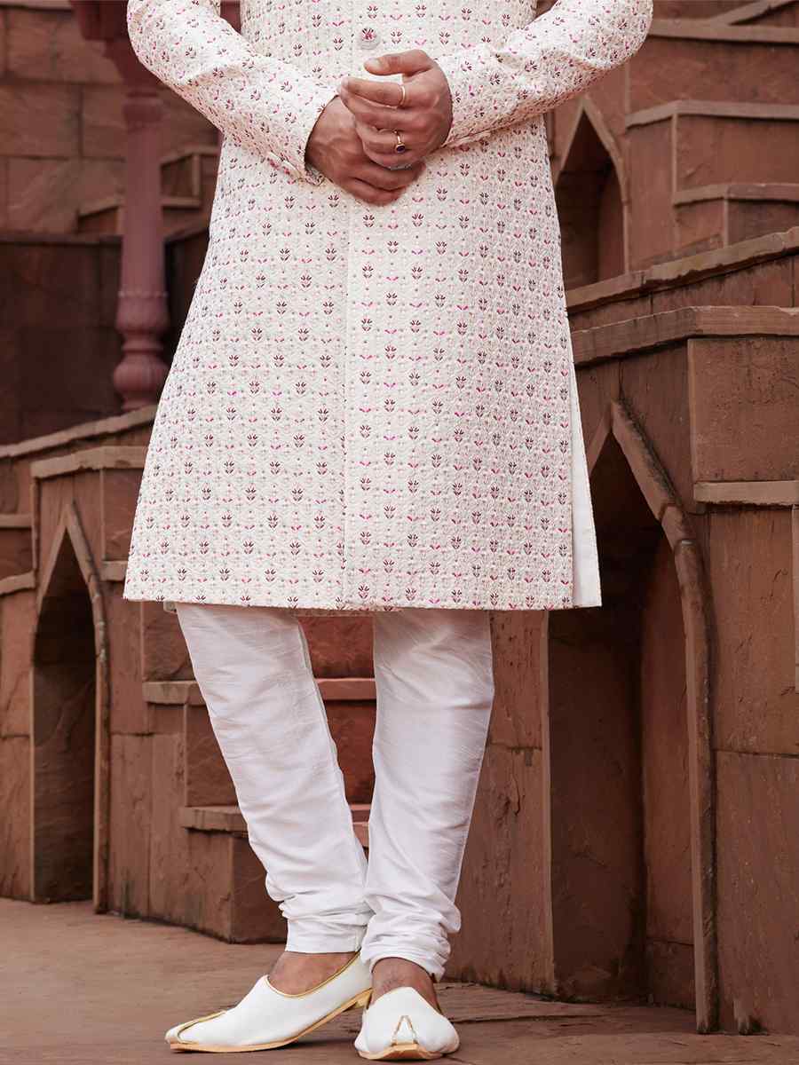 Cream Art Silk Embroidered Groom Wedding Sherwani