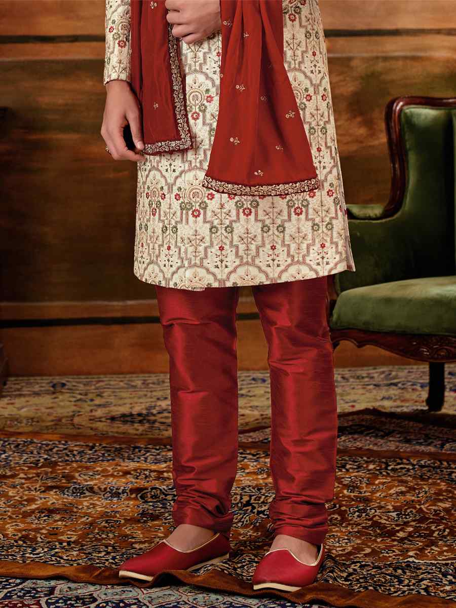 Cream Art Silk Embroidered Wedding Groom Sherwani