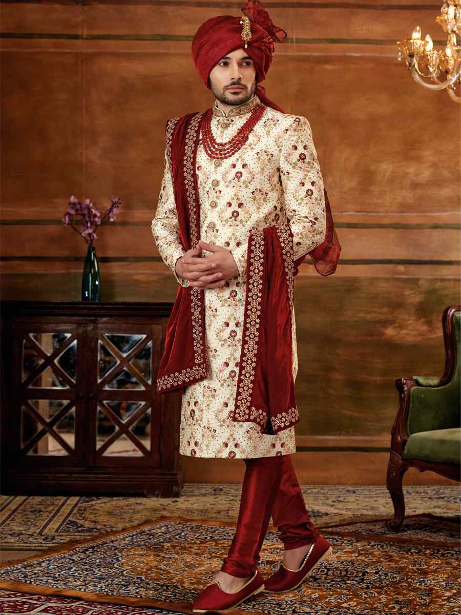 Cream Art Silk Embroidered Wedding Groom Sherwani