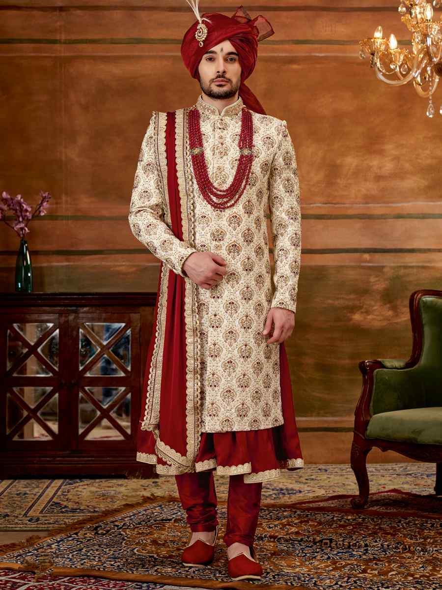 Cream Art Silk Embroidered Wedding Groom Sherwani