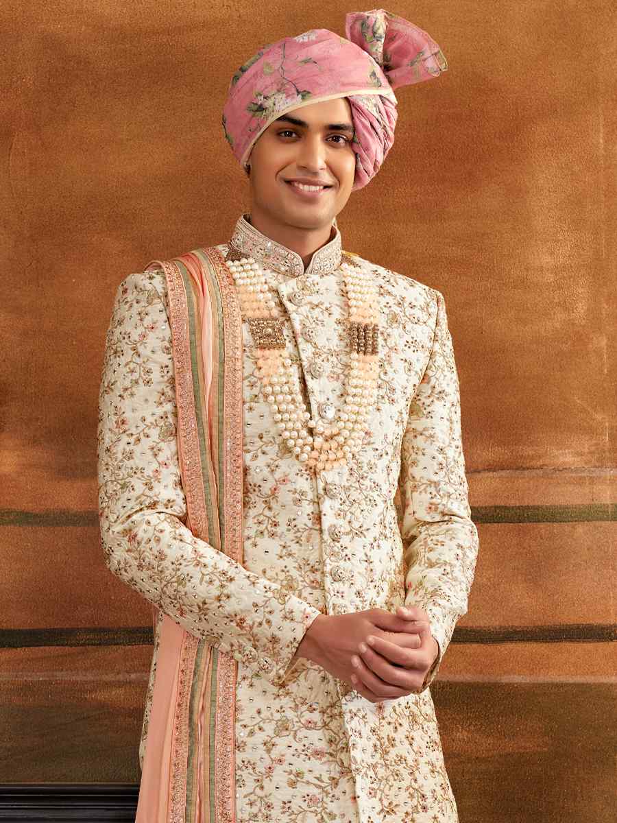 Cream Art Silk Embroidered Wedding Groom Sherwani