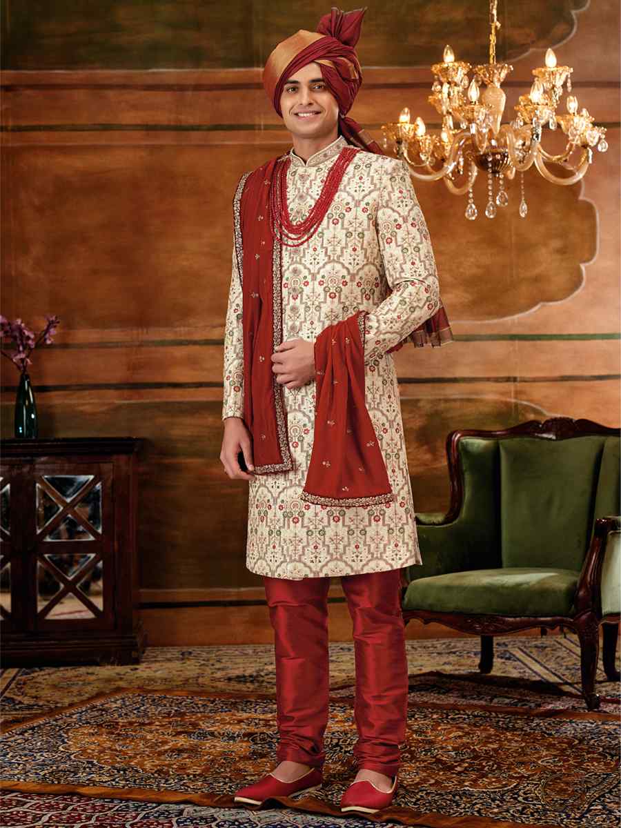 Cream Art Silk Embroidered Wedding Groom Sherwani