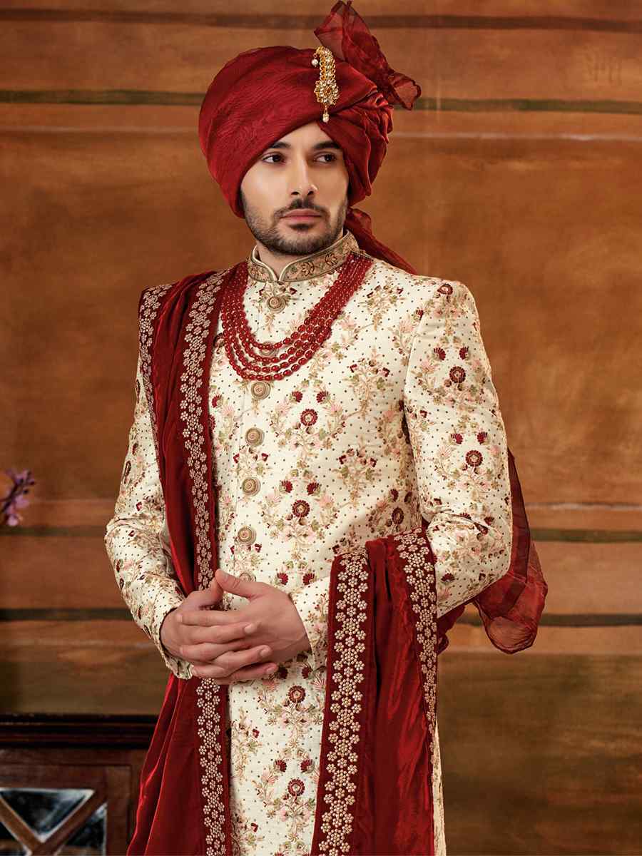 Cream Art Silk Embroidered Wedding Groom Sherwani