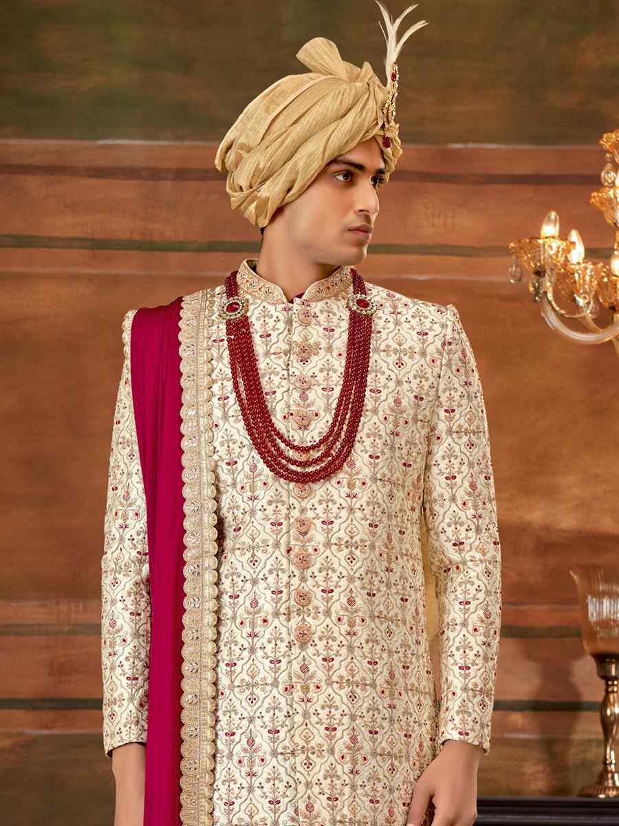 Cream Art Silk Embroidered Wedding Groom Sherwani