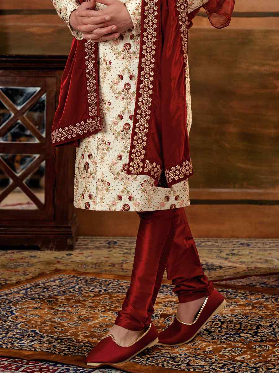 Cream Art Silk Embroidered Wedding Groom Sherwani