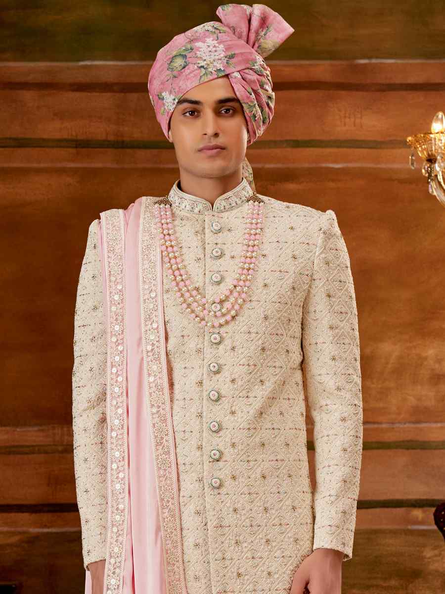 Cream Art Silk Embroidered Wedding Groom Sherwani