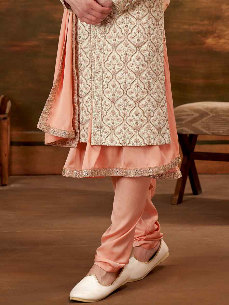 Cream Art Silk Embroidered Wedding Groom Sherwani