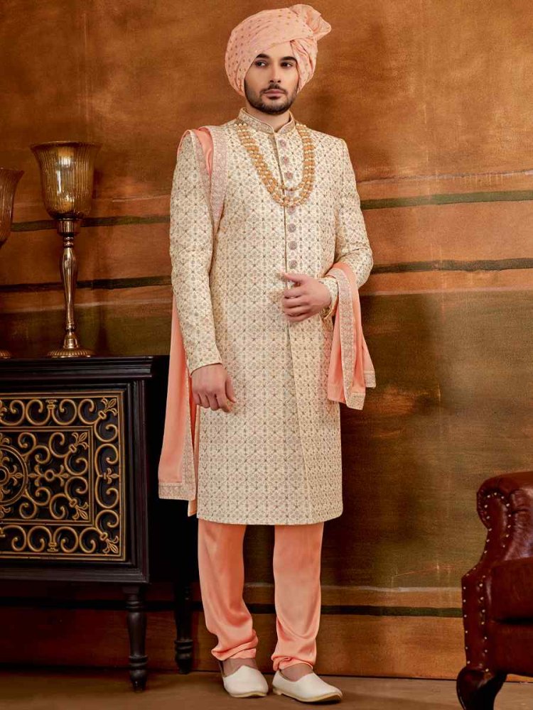 Cream Art Silk Embroidered Wedding Groom Sherwani