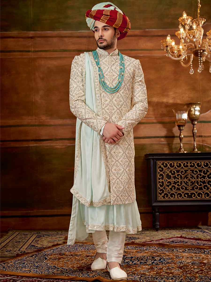 Cream Art Silk Embroidered Wedding Groom Sherwani
