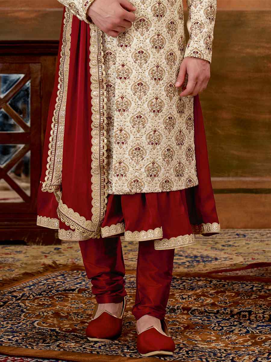 Cream Art Silk Embroidered Wedding Groom Sherwani