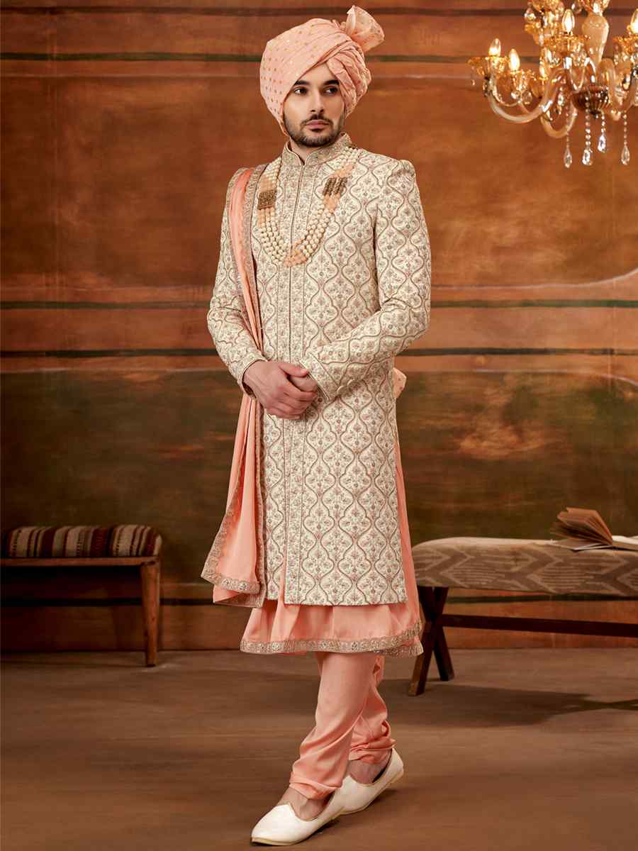 Cream Art Silk Embroidered Wedding Groom Sherwani