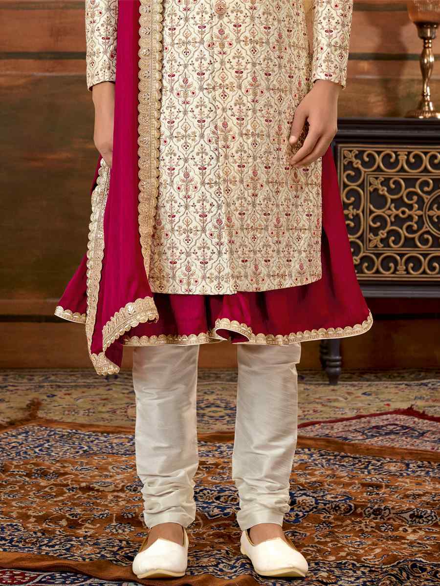 Cream Art Silk Embroidered Wedding Groom Sherwani