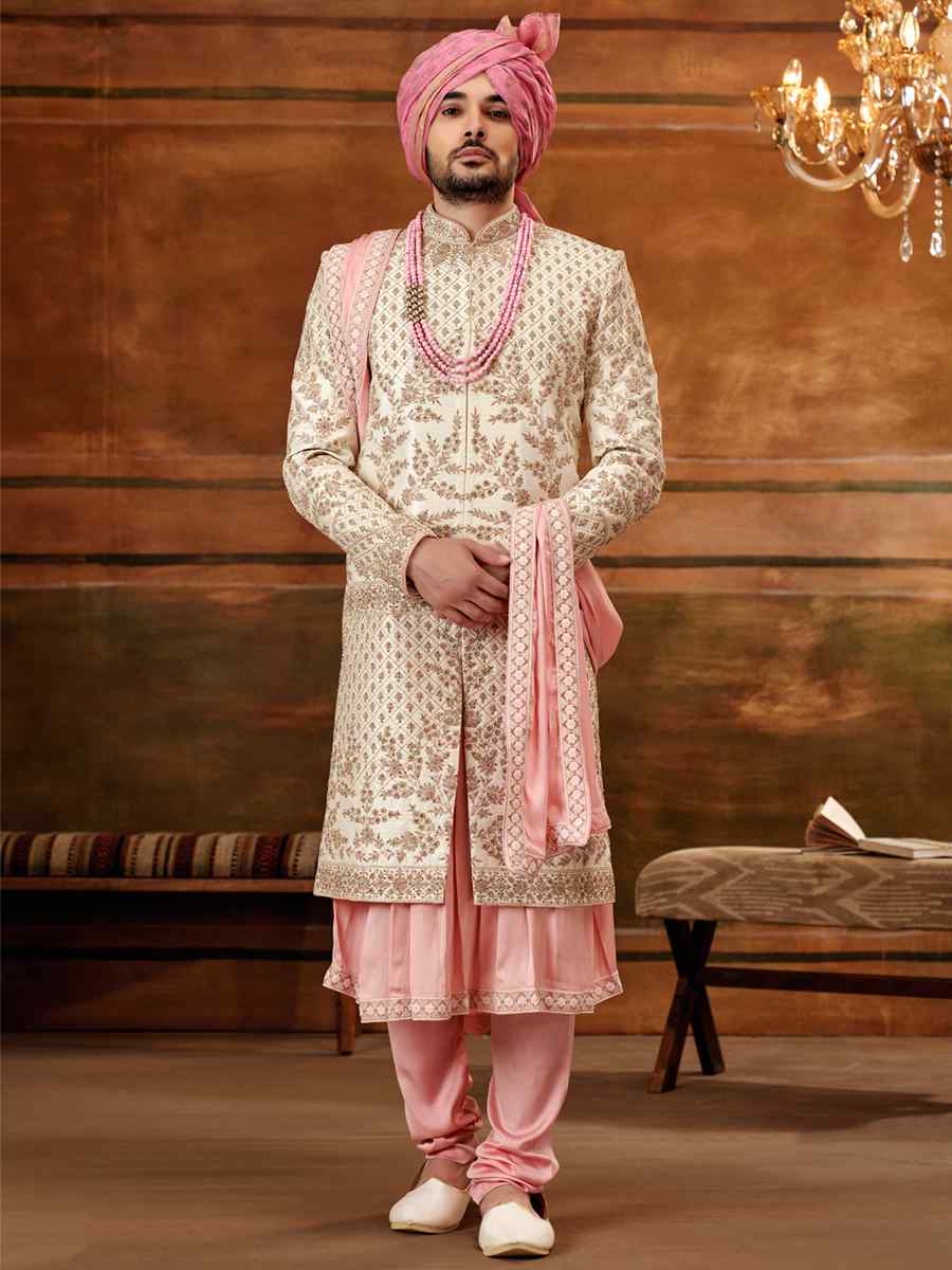 Cream Art Silk Embroidered Wedding Groom Sherwani