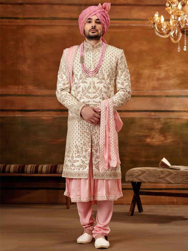 Cream Art Silk Embroidered Wedding Groom Sherwani