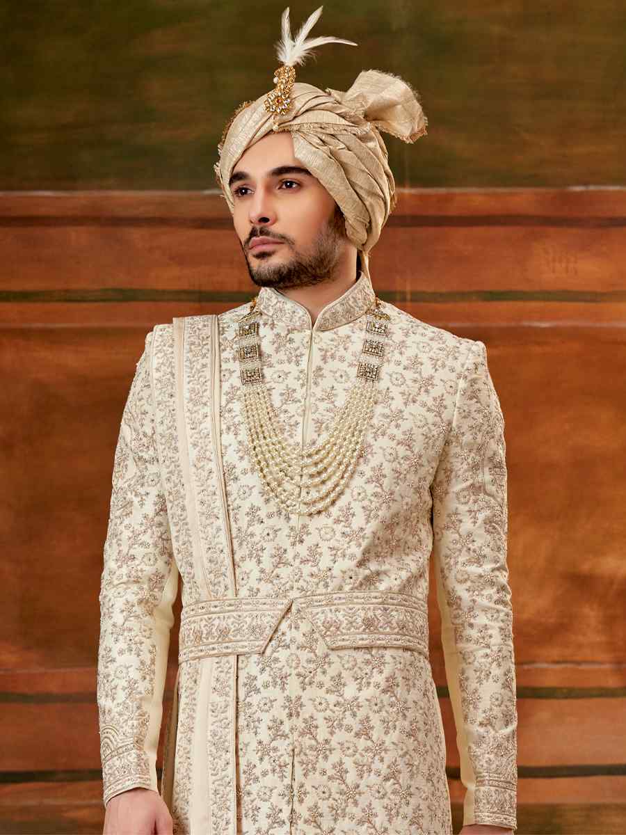 Cream Art Silk Embroidered Wedding Groom Sherwani