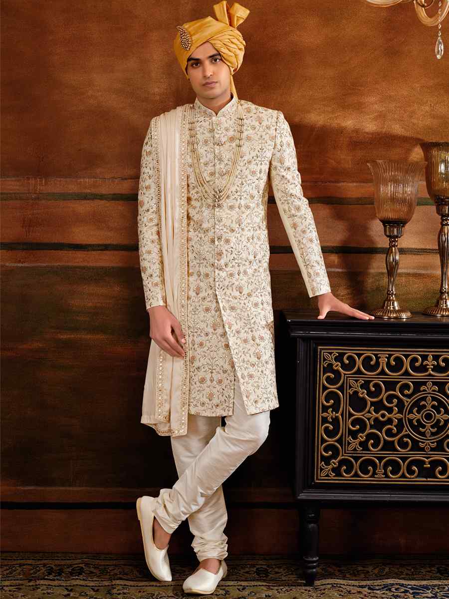Cream Art Silk Embroidered Wedding Groom Sherwani