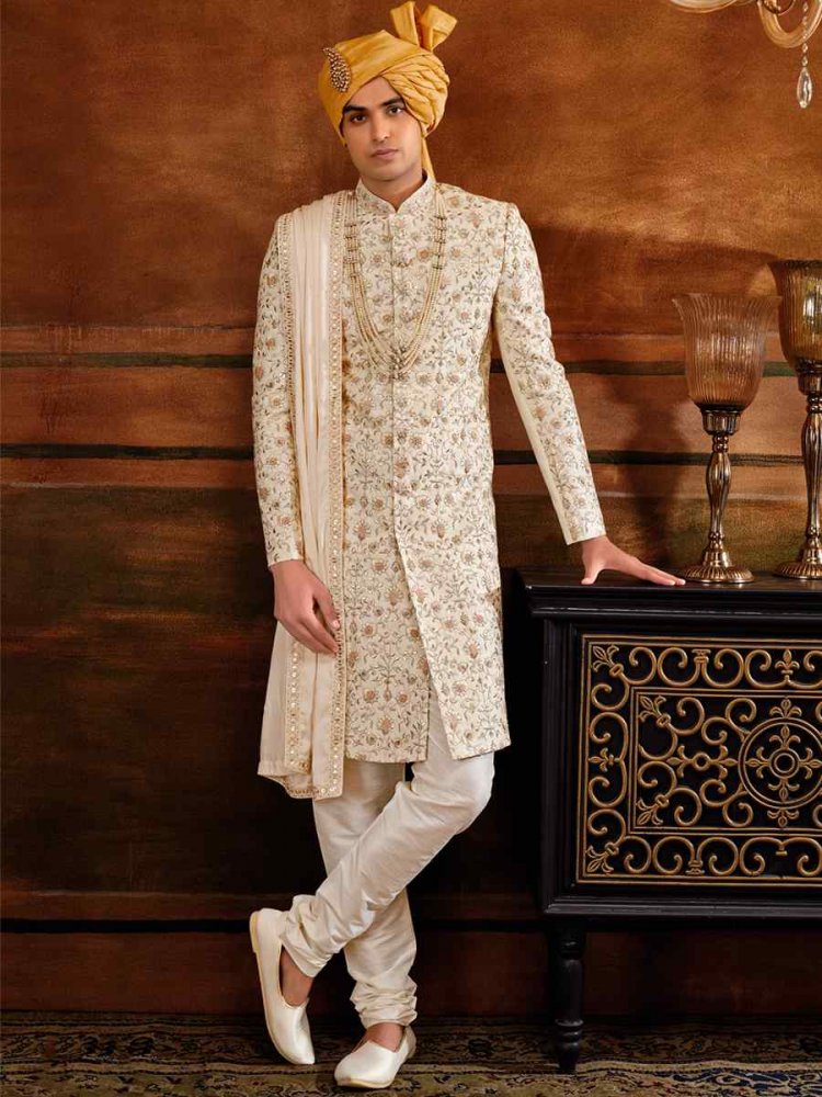 Cream Art Silk Embroidered Wedding Groom Sherwani