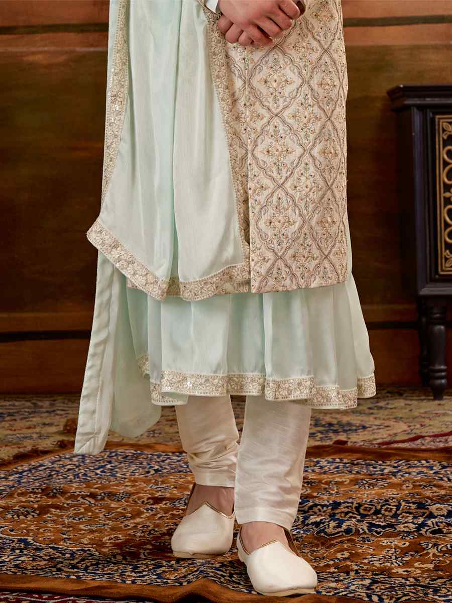 Cream Art Silk Embroidered Wedding Groom Sherwani